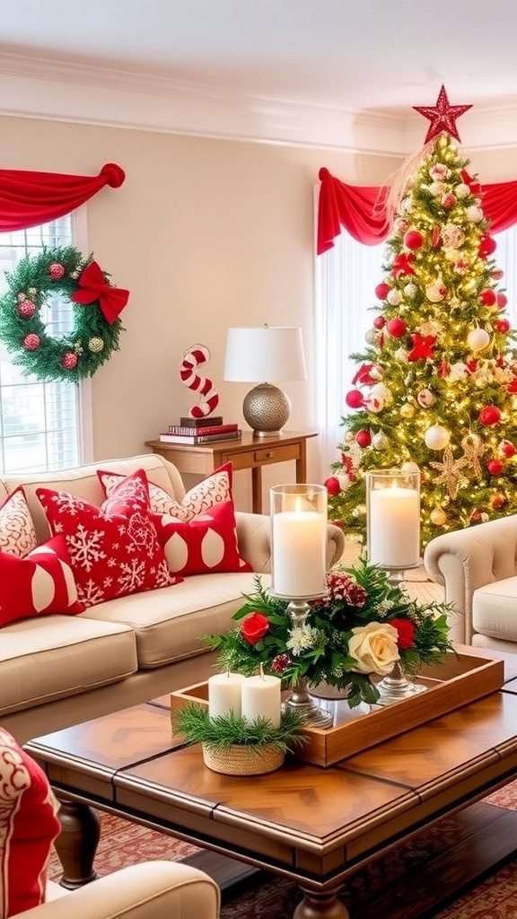 A festive living room decorated for Christmas with red and white accents, including pillows, ornaments, and a cozy atmosphere.